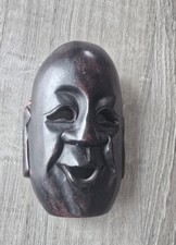 Asian happy smiling laughing Buddha Mask dark wood monk face Vintage Art