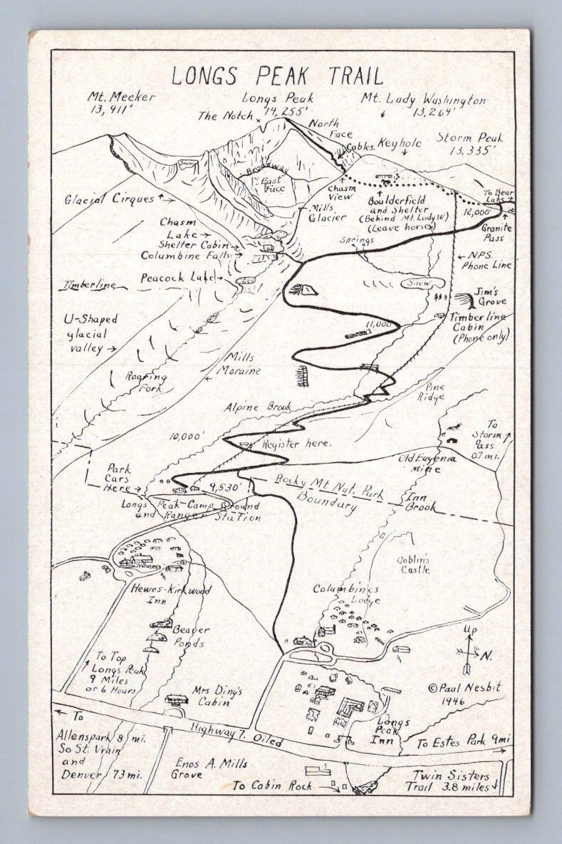 Vintage Colorado Postcard ESTES PARK Longs Peak Trail Map 1946