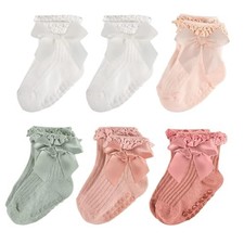 Baby Girl Non Slip Grip Ruffle Socks with Bows Soft Cotton 0-6 Months Multi