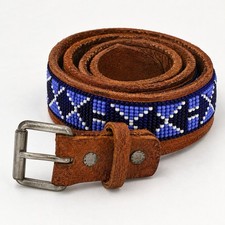 Handmade Native American Beaded Leather Belt Blue White Aztec Fit 29-39- 1.25 W