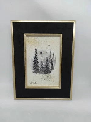 Aquarelle originale encadrée "Forêt sous la lune" - Photo 1/2