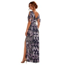 JS Collections Carmen Navy Multi Sequin Leaf Print Column Gown Size 6 NWT