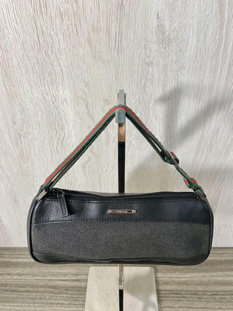 Gucci Sherry Leather Denim Canvas Black Handbag Pouch 10x8.3x2.4in Pre-Owned