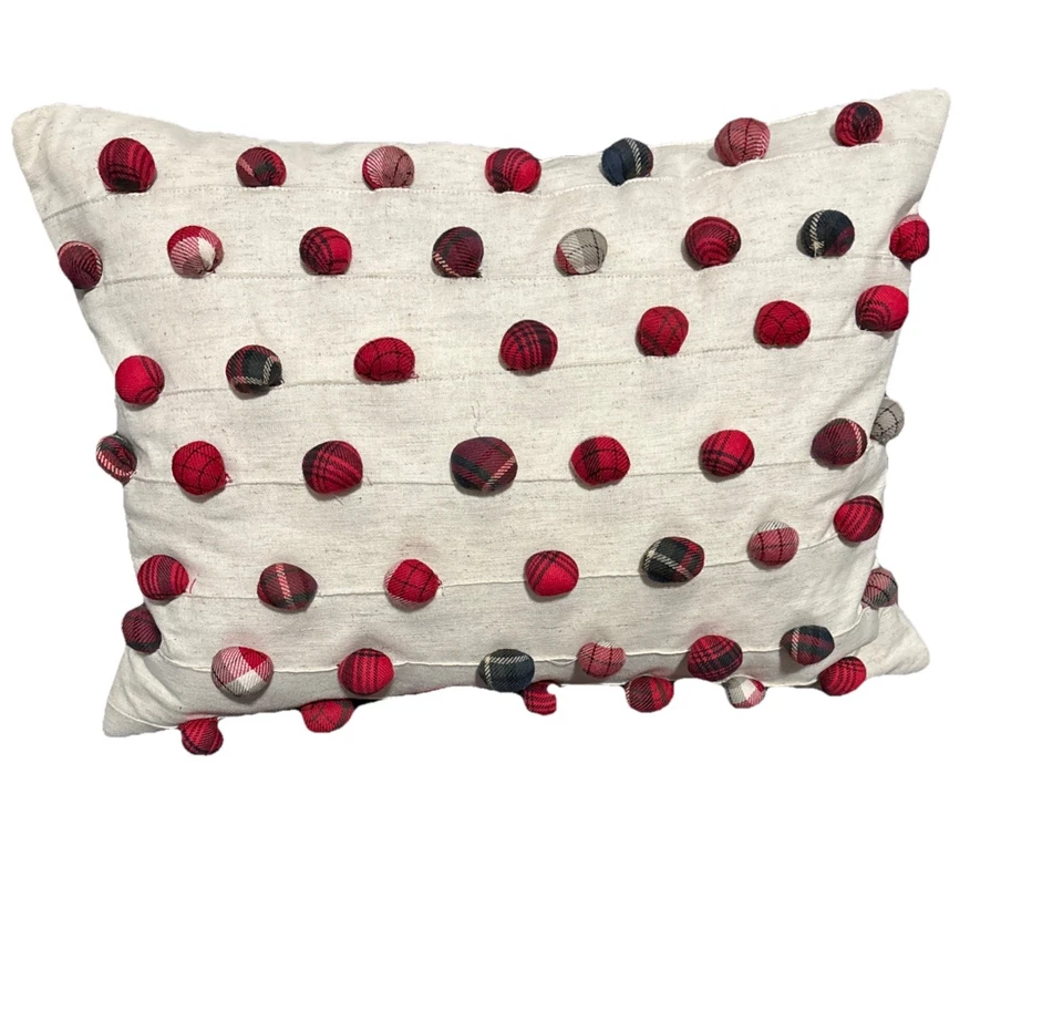 POTTERY BARN Plaid Pom Pom Lumbar Pillow With Feather Insert 12x16 Christmas EUC - Image 2 of 4