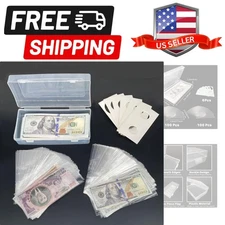 200 Pcs Clear Plastic Paper Money Sleeves with Storage Box, Bill Protector Sl...