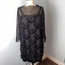 Star Fringe Mesh 3/4 Sleeve Cocktail Dress Party Black Showgirl Shift Flapper XL