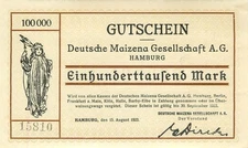 Hamburg Maizena Gesellschaft 100 Tausend Mark 1923 fast Kfr.