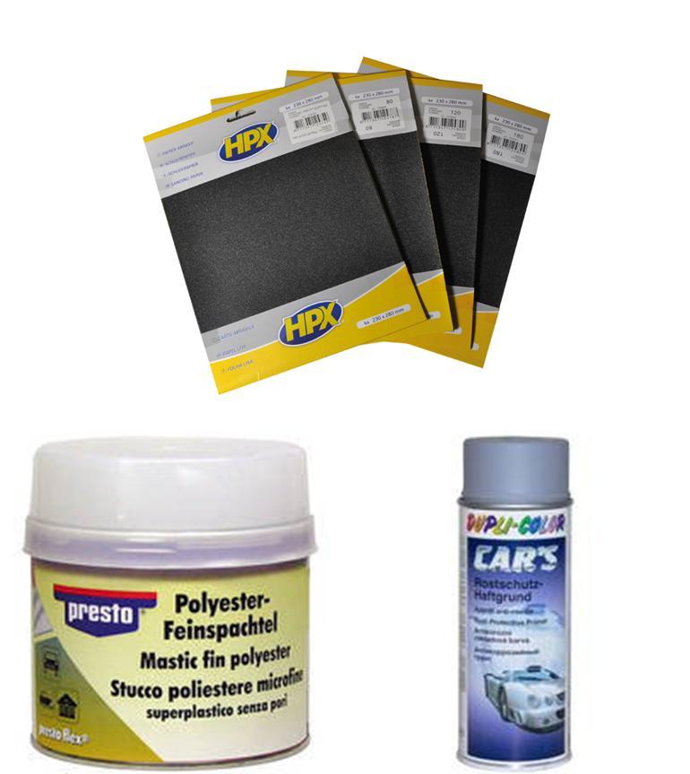 Apprêt carrosserie 400ml avec mastic polyester 250g et 4 papiers à poncer assortis
