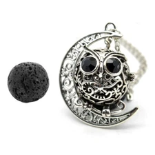 Silver Alloy Owl Locket Pendant Lava Bead Aromatherapy Diffuser Perfume Necklace