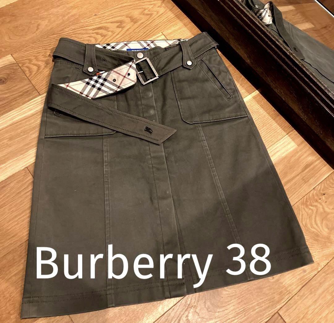 Burberry Blue Label Khaki Trapezoid Skirt 38 Stretch Belted Nova Check Japan