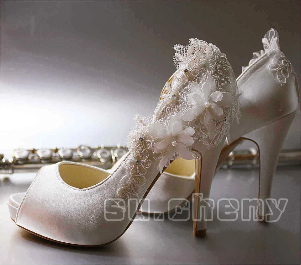su.cheny 3 «4» каблуки свет слоновой кости атласное кружево открытый заглянуть носок свадебные туфли - Изображение 3 из 4