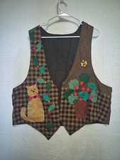 Handmade Vintage Men's Women's Vest Retro Cats Flowers Artsy Cottagecore Sz L