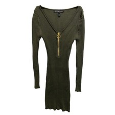 Small Derek Heart Junior Women's Army Green Ribbed Sweater Dress V-Neck