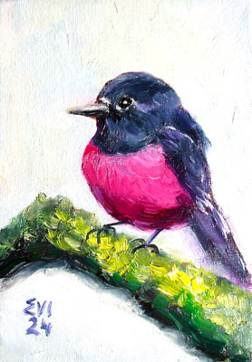 Rosa Rotkehlchen Original Ölgemälde Vögel Wandbild Wanddeko Leinwand 5x7 cm