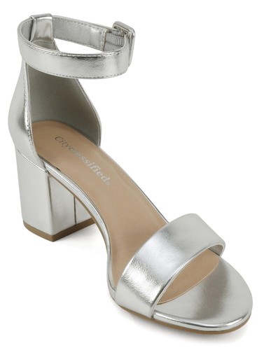 Sandalias de tacón grueso bajo CityClassified para mujer punta abierta correa para el tobillo CAKE-S plateadas - Imagen 4 de 5