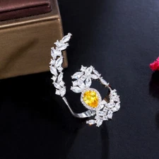 White Gold Plated Yellow CZ Crystal Big Cocktail Party Open Ring Fashion Jewelry