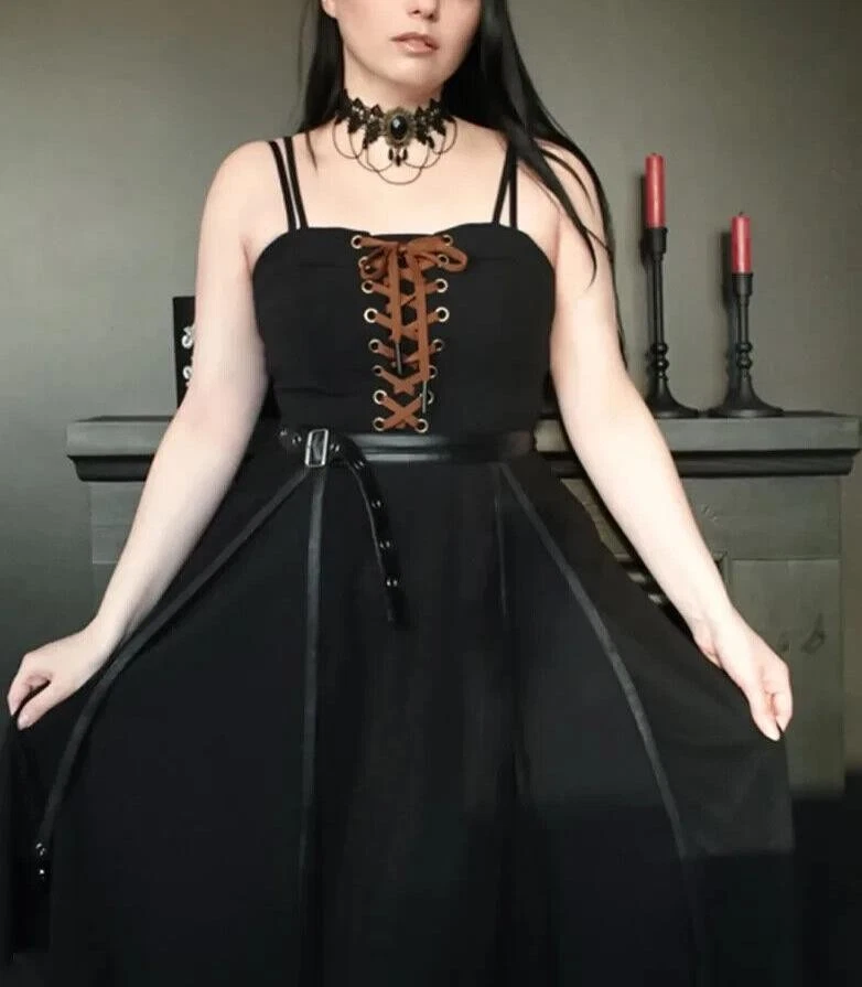 Scarlet Darkness Black Sweetheart Neck Lacing Cami A-Line Dress Grunge Goth Sz S - Image 2 of 4