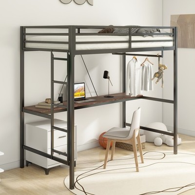 Adam Sturdy Twin Loft Bed Black with Cinnamon Wood Desk and Closet Rod