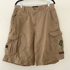 Vintage JNCO Shorts Size 33 Embroidered Dragon Cargo Baggy Beige Tan Grunge 90s