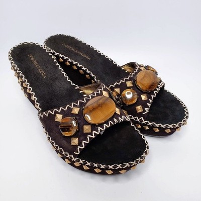BCBGMaxAzria Brown Suede Studded Tiger's Eye Wedge Sandals 6.5