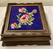 Vintage Wood Carved Jewelry box needlepoint Dated 1951. One Of A Kind. 7X7 EUC