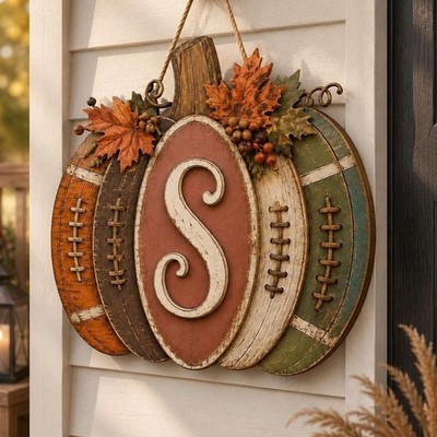 Personalized Football Pumpkin Door Hanger, Rustic Fall Wooden Monogram Sign