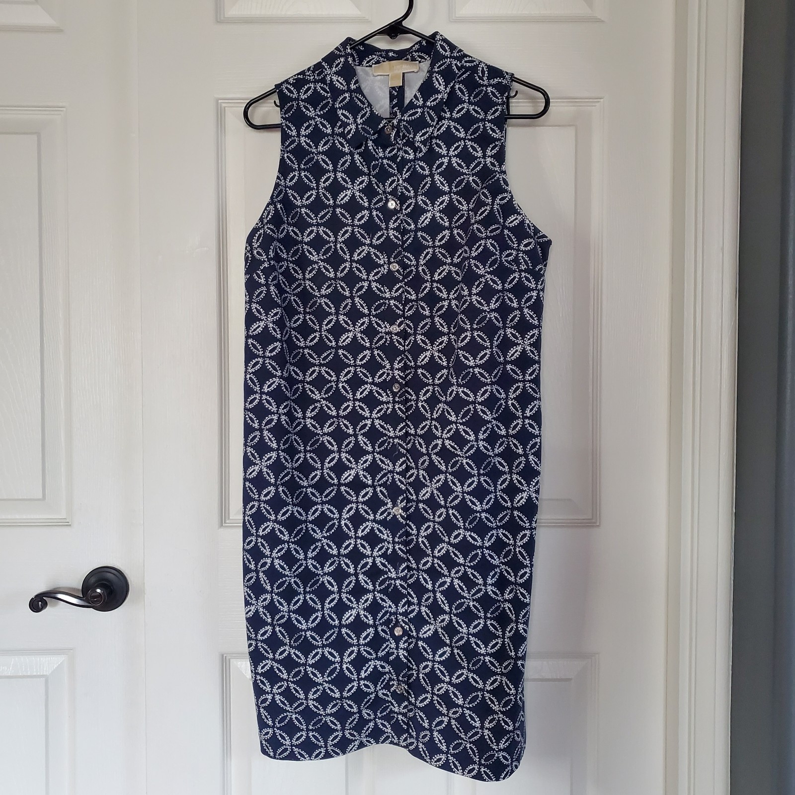 Michael Kors Navy Blue & White Patterned Sleeveless Dress Size 10 Button-up