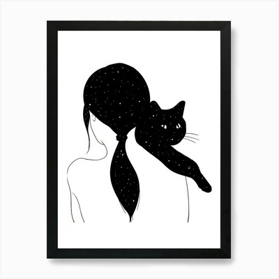 Schwarze Katze auf Frauenkopf Kunst Pri gerahmtes Wandbild Poster Leinwanddruck Bild