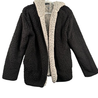 Zaful Medium Reversible Teddy Fleece Hooded Jacket Black Tan Pockets Oversized