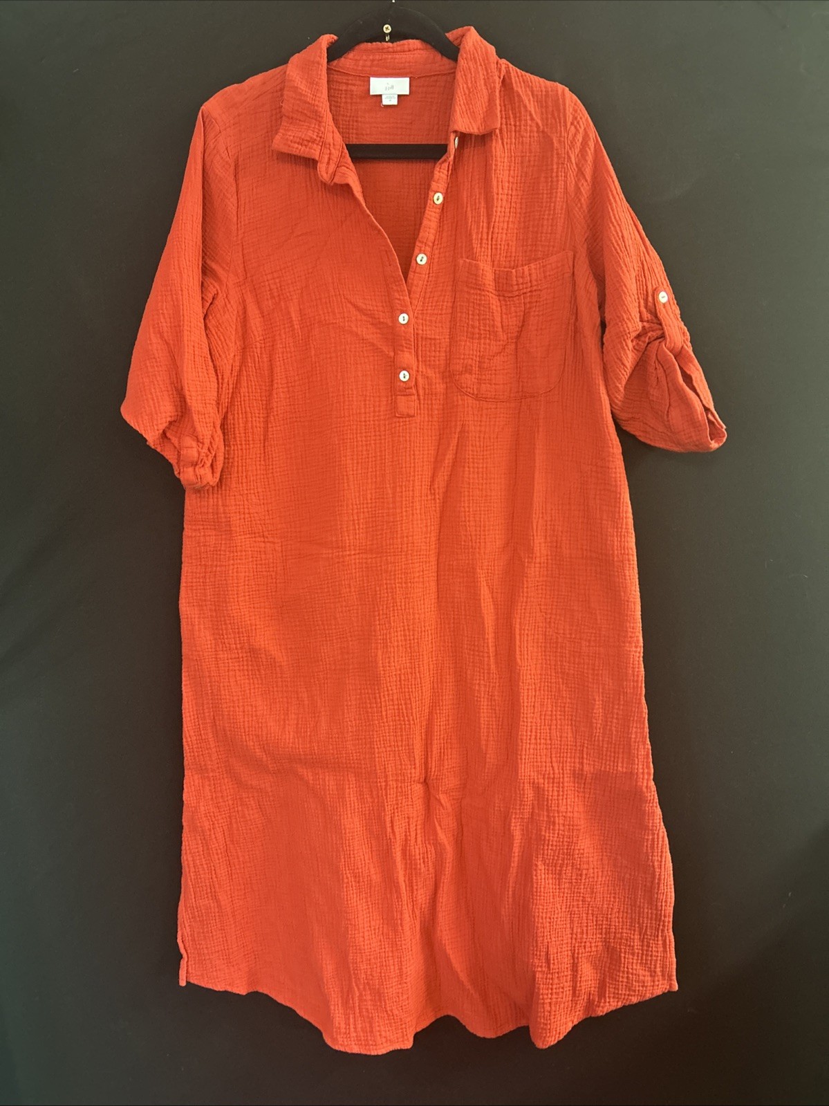 J. Jill Women's Solid Orange Cotton Dress Size M Oversized Pockets 3/4 Sleeve
