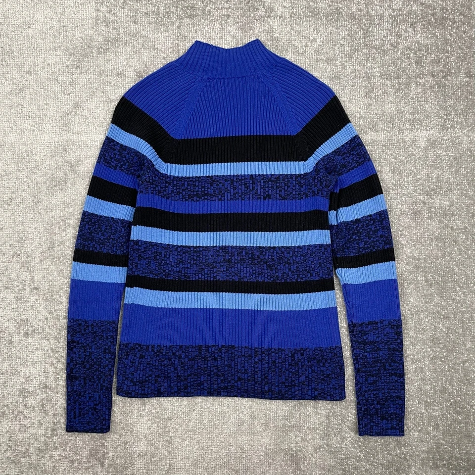 Suéter Studio Works para mujer PM azul a rayas cuello falso tejido acanalado 100 % algodón Foto 2 de 4