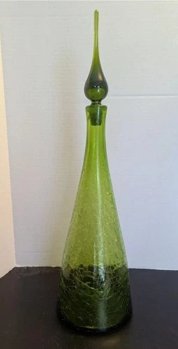 Blenko 920L Olive Green Crackle Glass Decanter With-Non Crackle Stopper 18" Tall