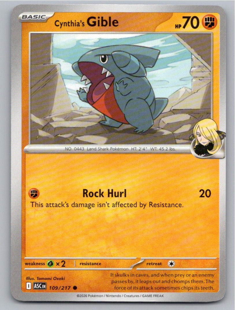 2026 POKEMON CYNTHIA'S GIBLE ASCENDED HEROES 109/217 COMMON NM A21938 FREE S&H