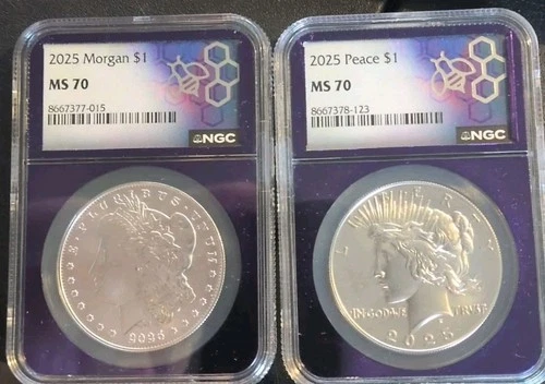 Morgan & Peace 2025 Silver Dollar MS70 NGC Trader Bea Purple Slab