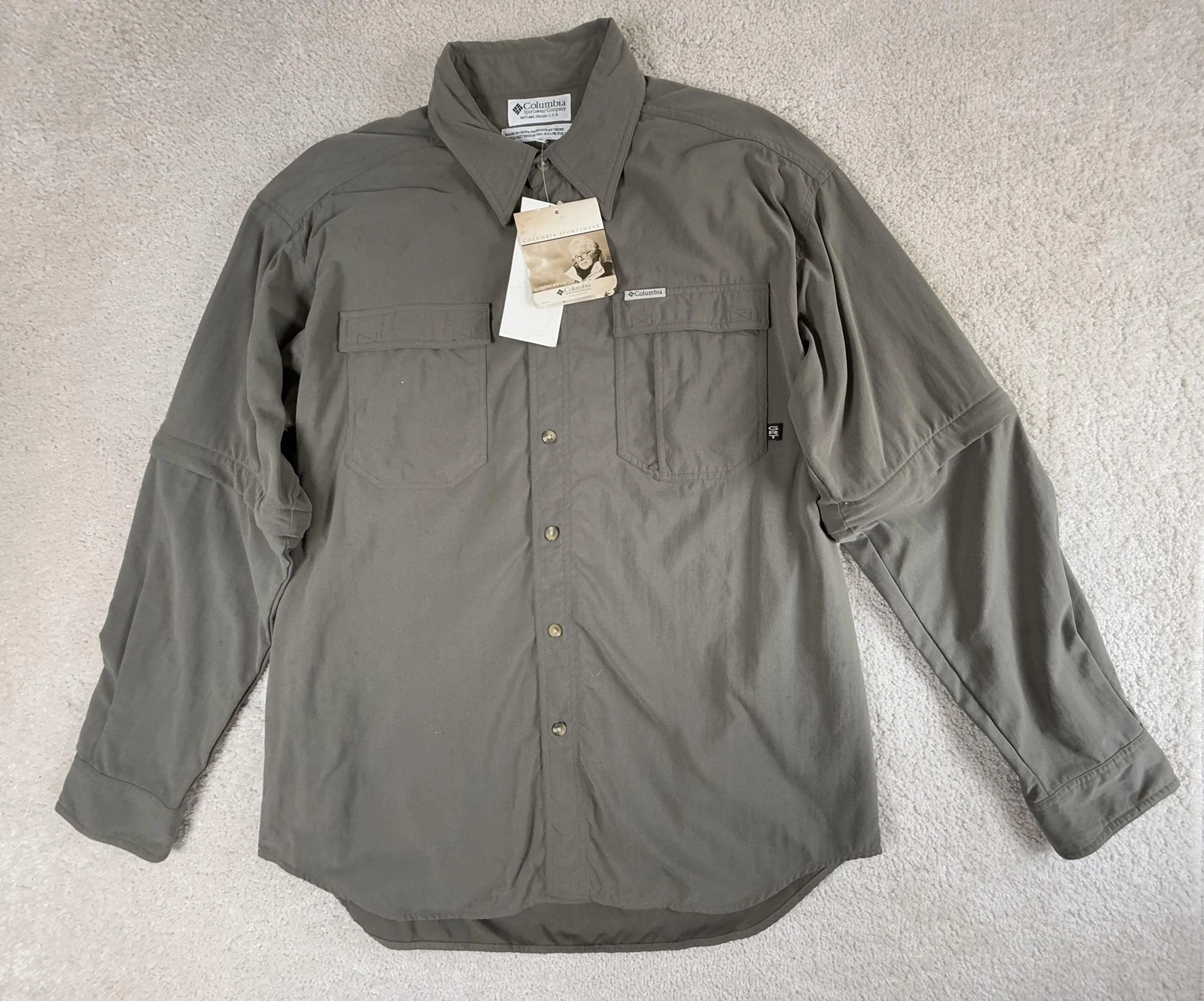 Vintage Columbia Shirt Men Large Khaki GRT Outfitter Convertible Zip-Off Sleeves