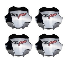 4pc Fit Chrome Wheel Center Hub Cap Crossed Flag For 2005-2007 C6 Corvette 4inch