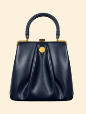 1960s Vintage Navy Blue Top Handle Handbag Gold Frame Mid Century Purse