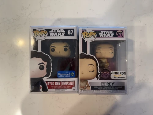 Funko Pop Star Wars Rey 577 Kylo Ren 87 Power Of The Galaxy Unmasked w Protector