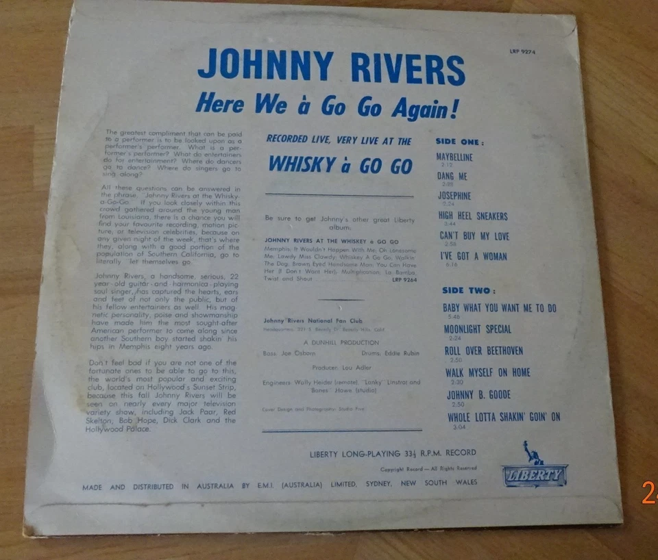 JOHNNY RIVERS-HERE WE GO-GO-AGAIN--12" VINYL ALBUM-AUSSIE IMPORT-12 TRACKS--V/G+ - Image 2 of 2