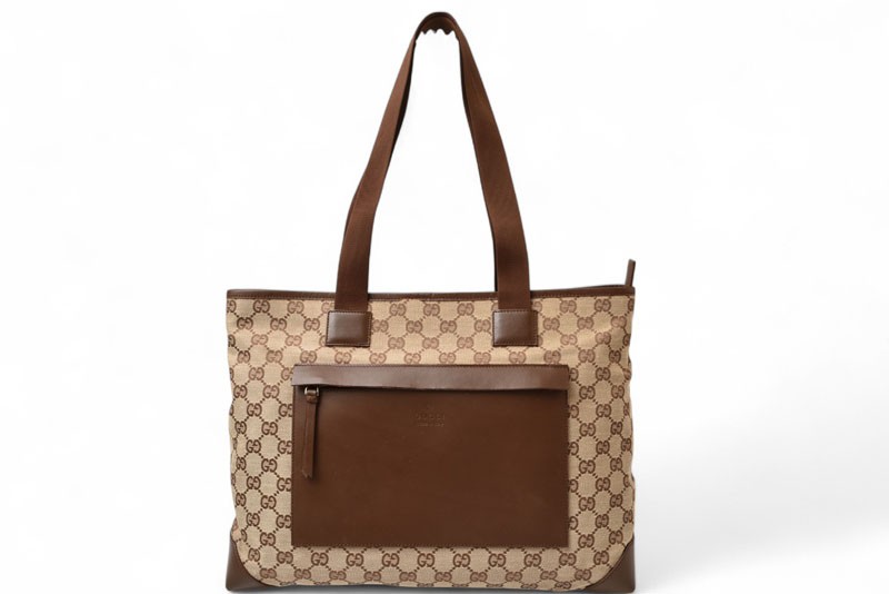 Gucci GG Canvas Tote Bag in Beige and Brown 34339 Authentic