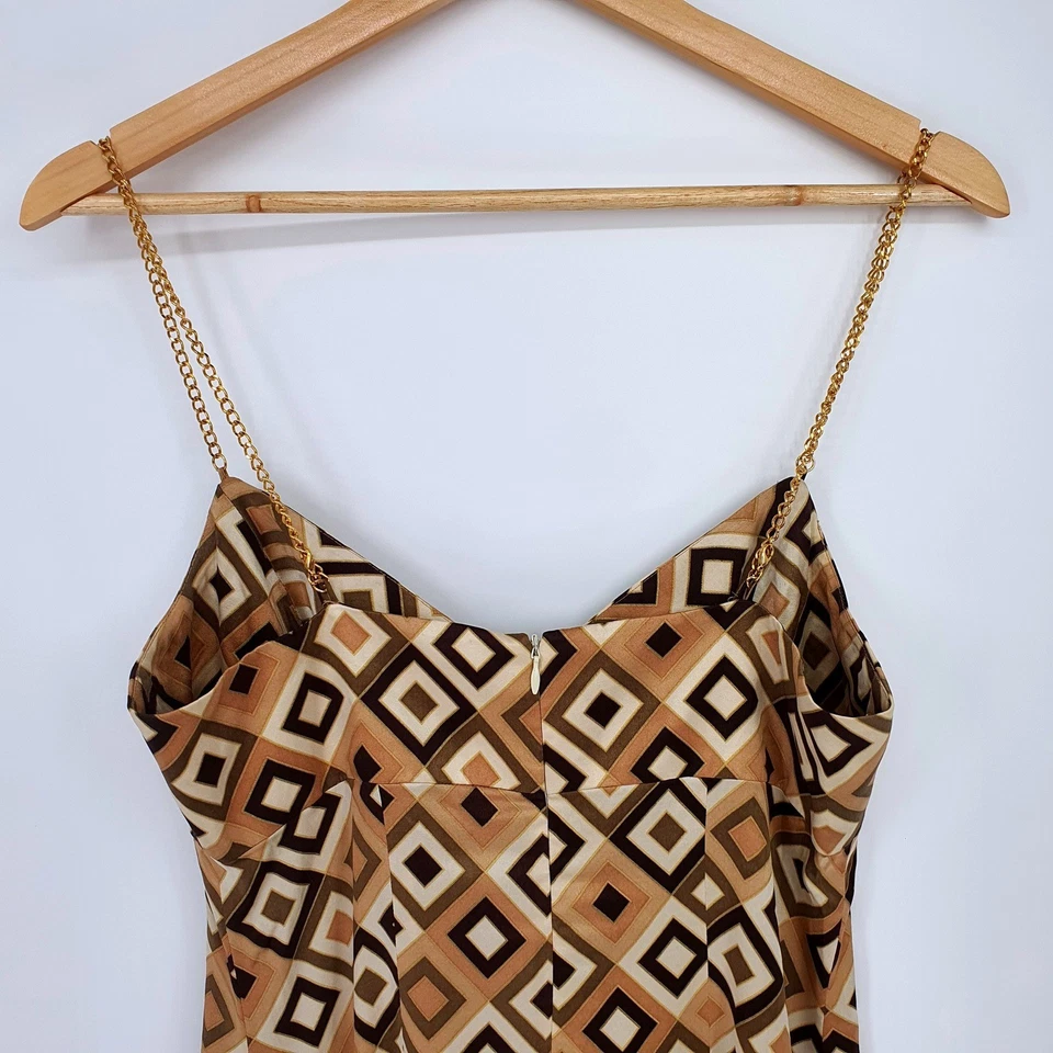 Vestido Shoshanna Seda Geométrico Marrón Dorado Cadena Correa Mini Y2K Años 90 Talla 8 Retro Foto 4 de 4