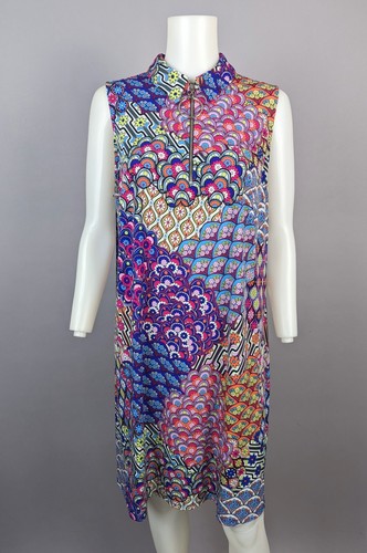 MSK WOMEN Vibrant Retro Print Sleeveless Shift Dress 1/4 Zip Neck Stretch Sz 1X - Picture 3 of 9