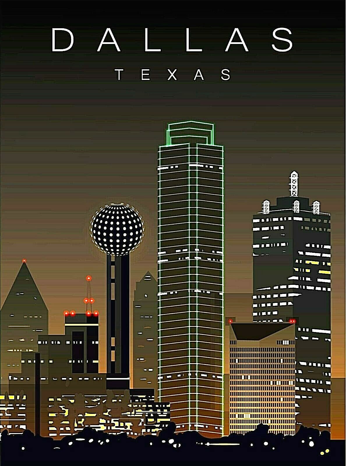 Dallas Texas Cityscape at Night United States Retro Travel Art Poster ...