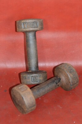 Vtg Pair York 5 lbs Barbells Roundhead Dumbbells Early Pre-USA Version Flat Spot