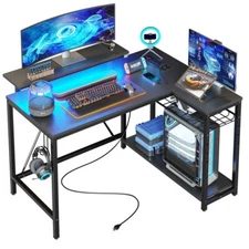 Home Study Table L-Shaped Computer Gaming Desk PC Workstation with LED Lights