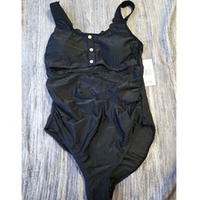 Black One Piece Swimsuit Ruffle Trim Buttons Ruched Tummy Control
