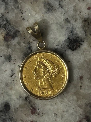 US 1901-S Gold $5 Liberty Head Half Eagle Coin Pendant, set in 14K Gold