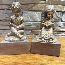 Vintage Bookends Boy  Girl Reading Color Bronze Library Decor Brother  Sister