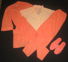 VtG SEARS 4-Pc Set Peach Nylon Lounge Wear Pajamas Lot Robe-Top-Pants-Slippers S