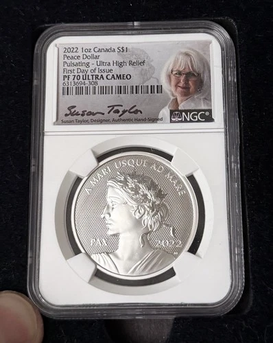 2022 $1 Canada UHR 1oz Silver Pulsating PEACE Dollar NGC PF70 Signed Slab